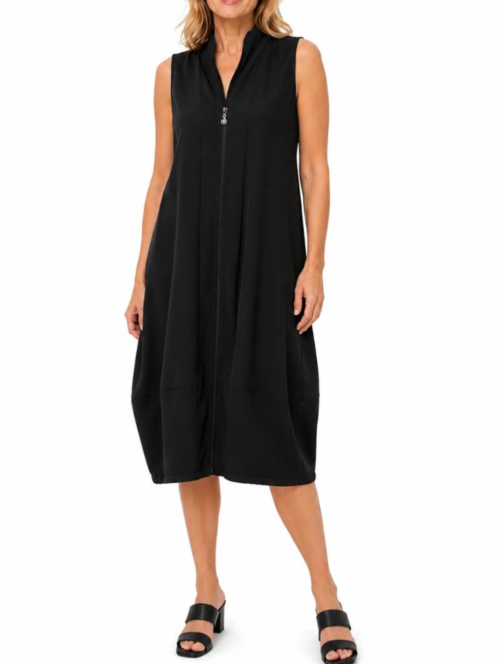 SAMUEL DONG Zip Front Midi Dress Black Large Sleeveless Lagenlook Balloon Hem